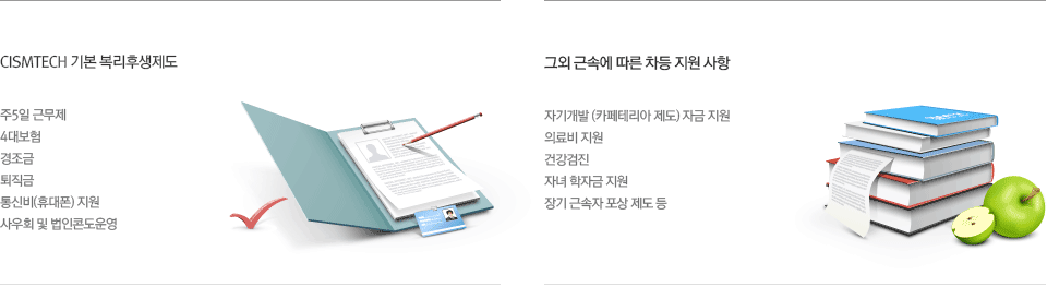 주5일근무제, 4대보험, 경조금, 퇴직금, 통신비지원, 자기개발자금지원, 의료비지원, 건강검진, 사우회 및 법인콘도운영, 자녀학자금지원, 장기근속자포상_ 근속에 따른차등지원사항